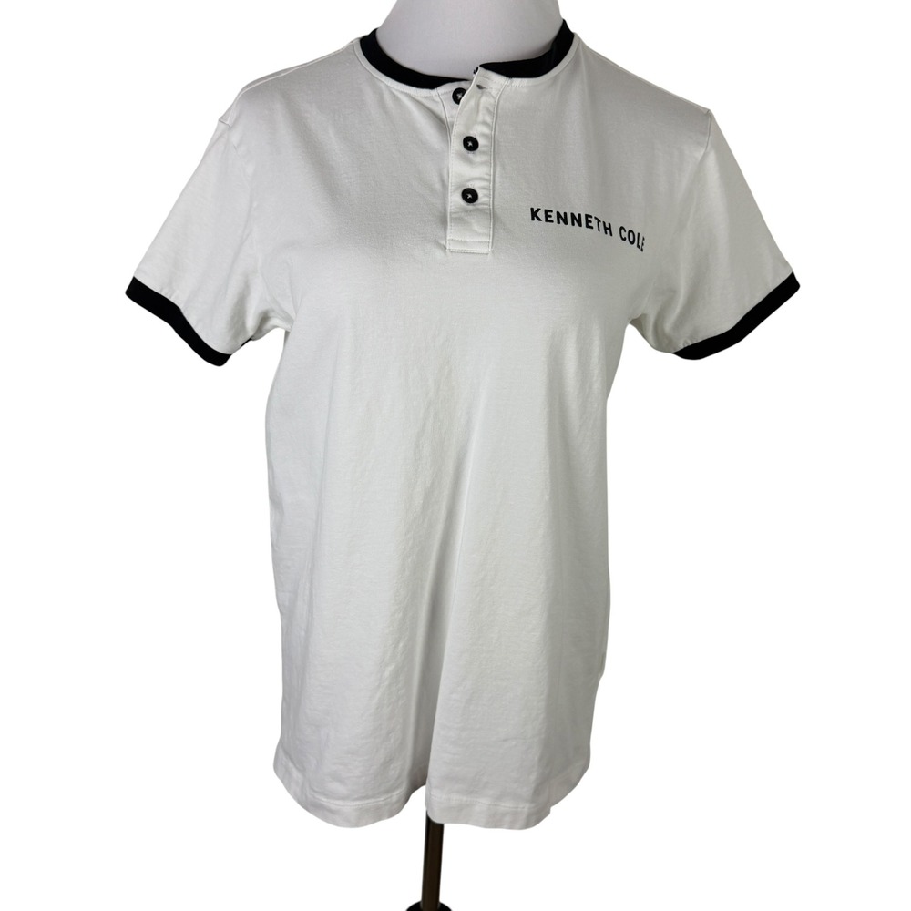 Kenneth Cole New York Men's Small White Black Ringer Henley Graphic‎ T-Shirt